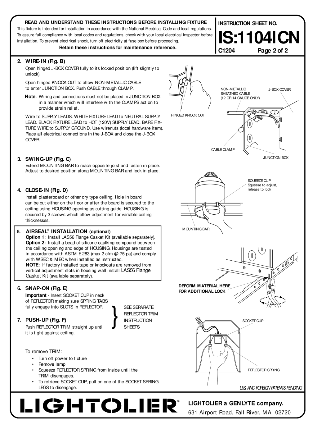 Lightolier 1004ICN WIRE-IN Fig. B, SWING-UP Fig. C, CLOSE-IN Fig. D, Airseal Installation optional, SNAP-ON Fig. E 