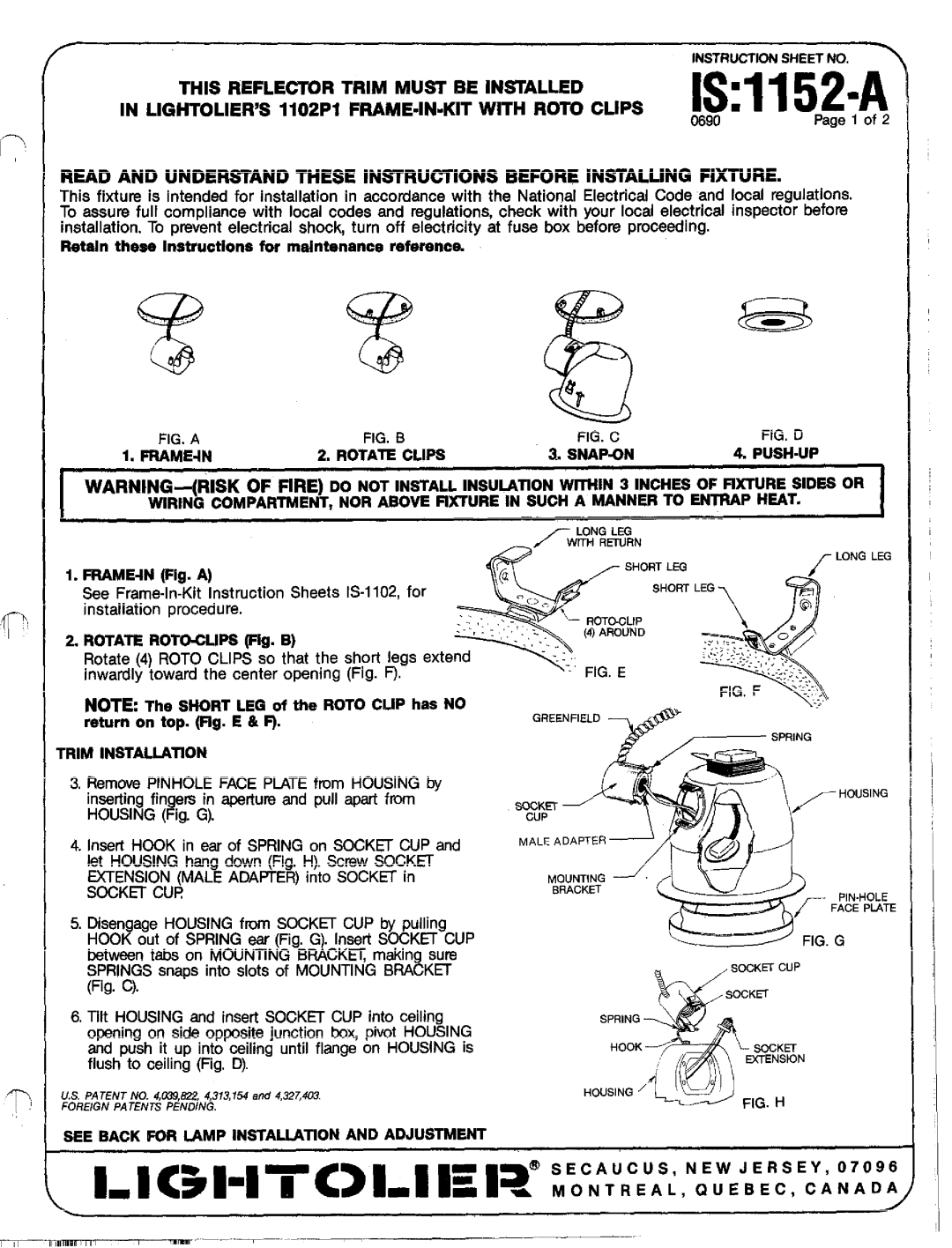 Lightolier IS:1152-A instruction sheet Lightolier’S, With Roto Clips, Before Installing Fixture, Shortleg 