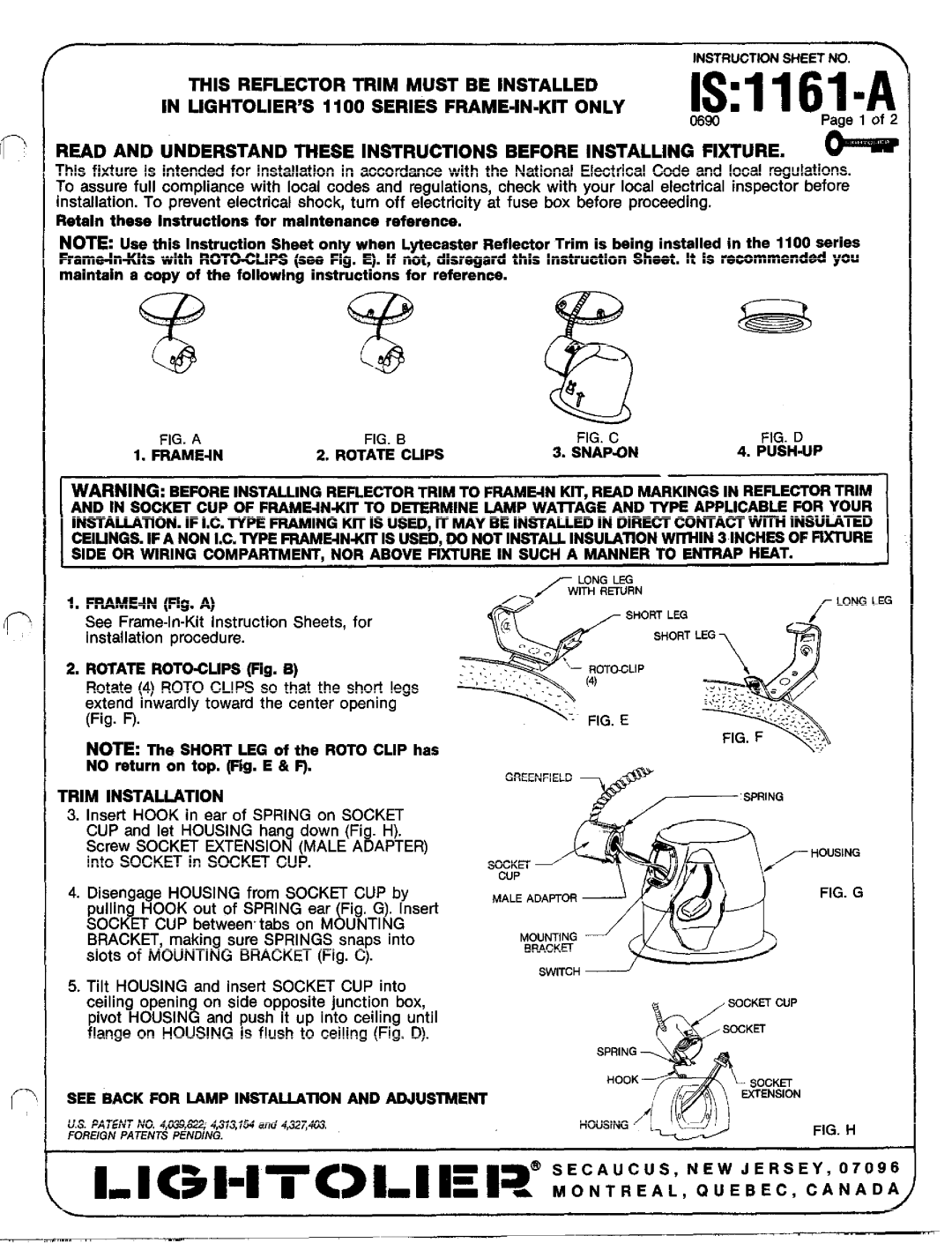 Lightolier IS:1161-A instruction sheet K5+1TCIJE Rvi,N, 06w, FRAME-IN Rotate Clips SNAP.ON PUSH.UP, Frame.In 