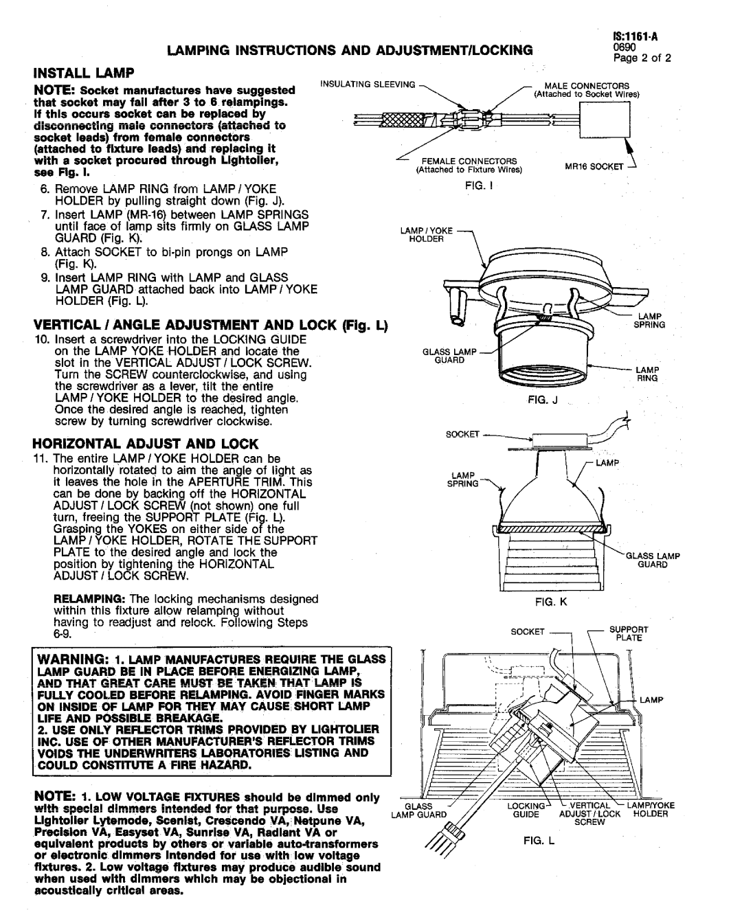 Lightolier IS:1161-A Lamping Instructions ADJUSTMENT/LOCKING, 0690, With a socket prccured through Llghtoller, see Fig 