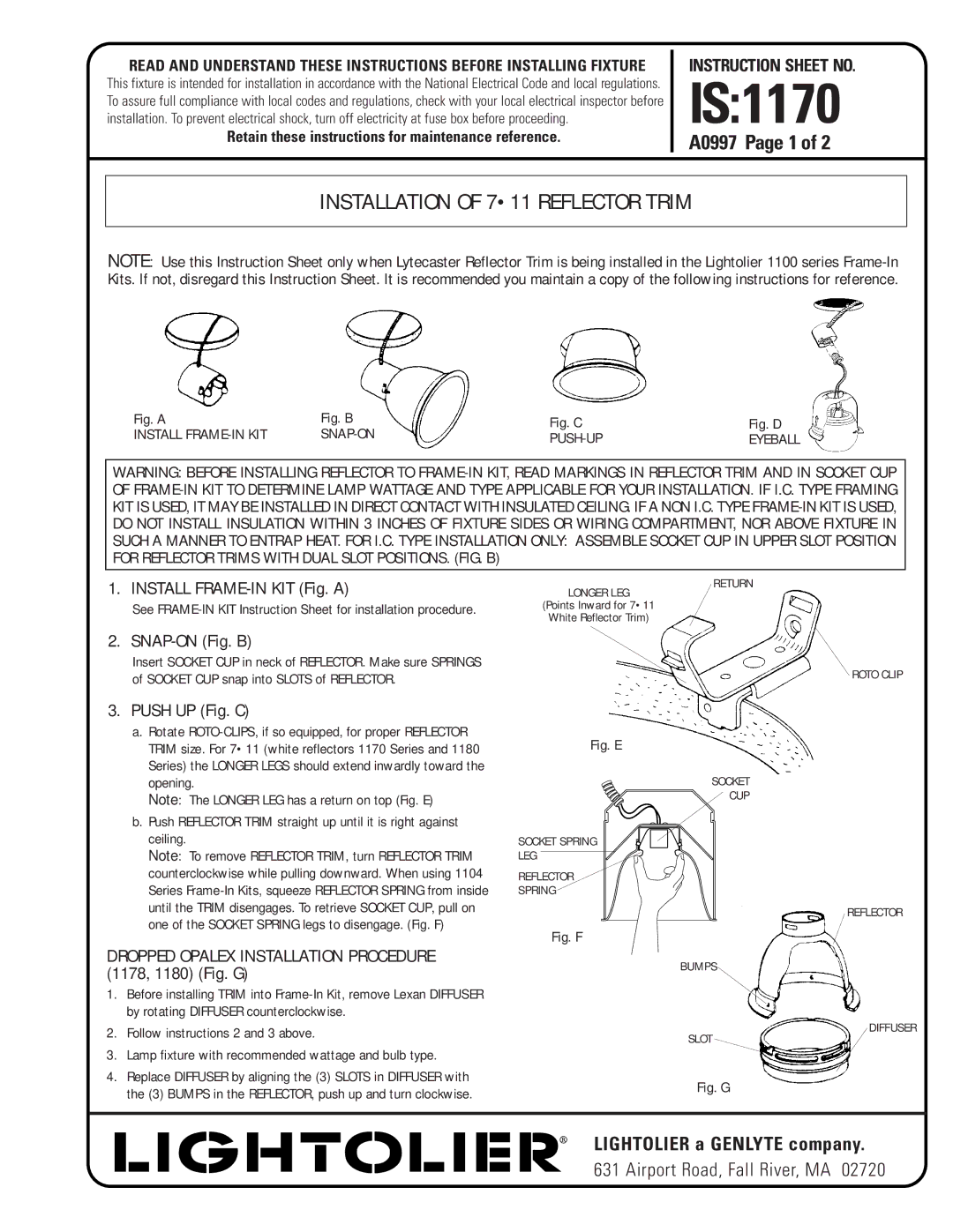 Lightolier IS:1170 instruction sheet Install FRAME-IN KIT Fig. a, SNAP-ON Fig. B, Push UP Fig. C 