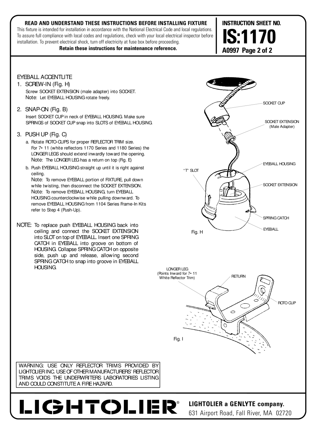 Lightolier IS:1170 instruction sheet Rotate ROTO-CLIPS for proper Reflector Trim size, Ceiling 