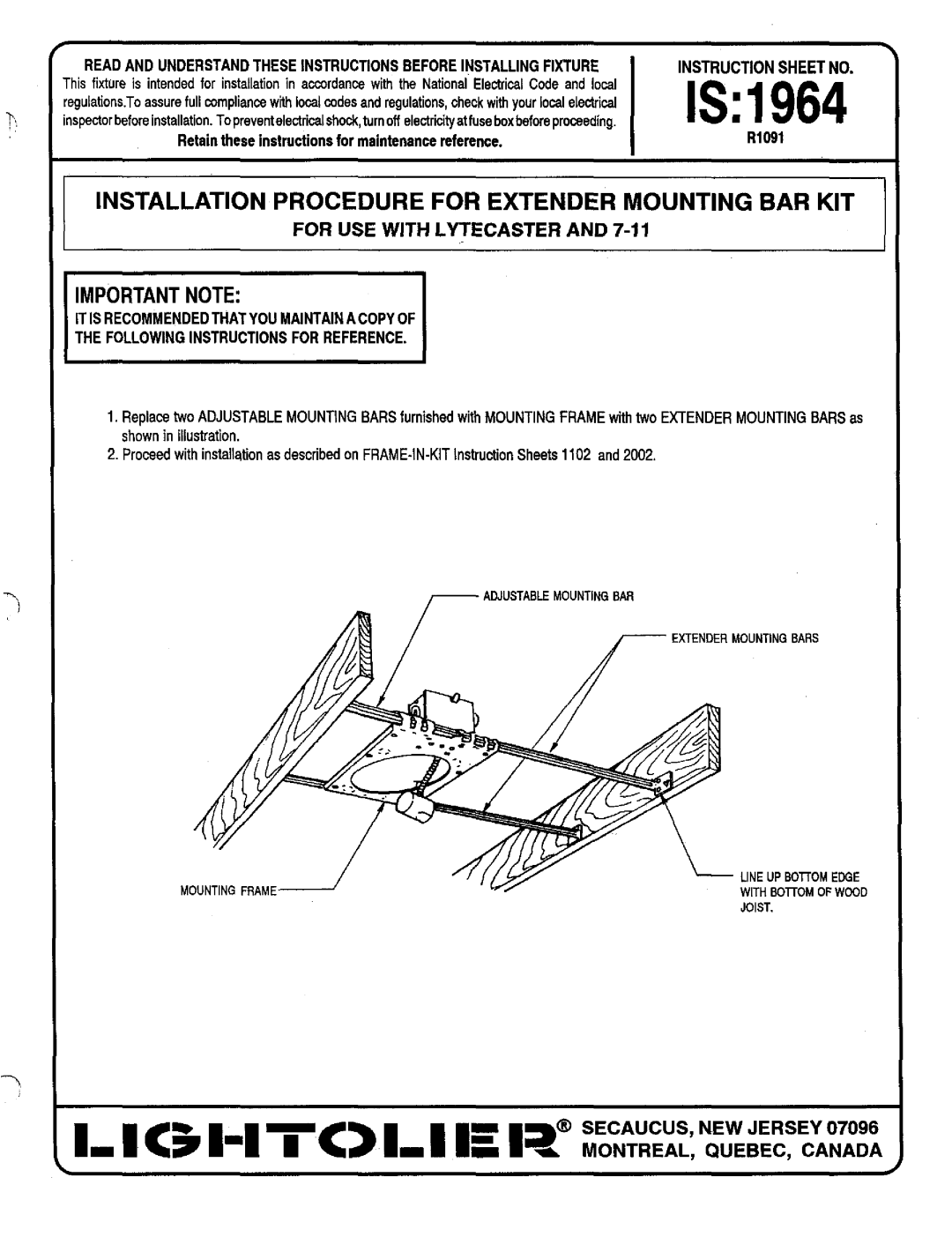 Lightolier IS:1964 instruction sheet IS1964, Installation Procedure for Extender Mounting BAR KIT 