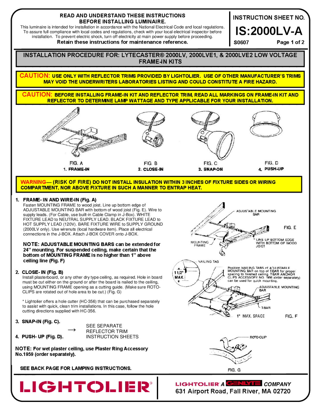 Lightolier IS:2000LV-A instruction sheet IS2000LV-A, Instruction Sheet no, Read and Understand These Instructions 