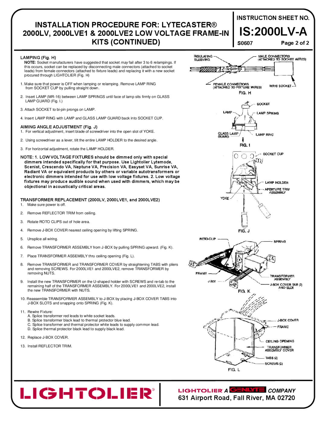 Lightolier IS:2000LV-A instruction sheet Lamping Fig. H, Aiming Angle Adjustment Fig. J 