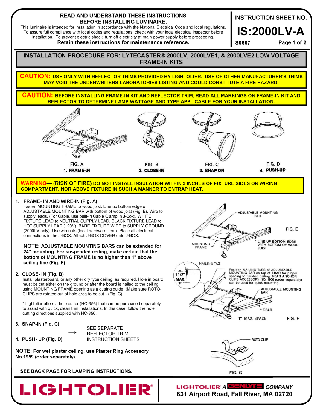 Lightolier IS:2000LV-A instruction sheet IS 2000LV-A, Airport Road, Fall River, MA, Frame-Inkits, S0607, Page 1 of 