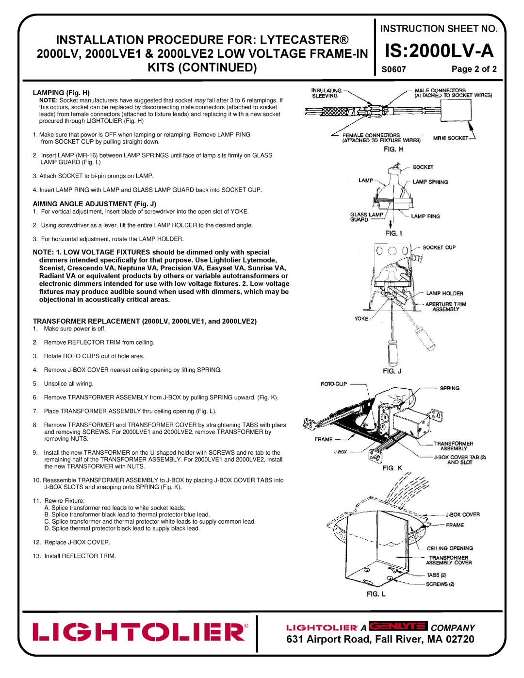 Lightolier IS:2000LV-A Instruction Sheet No, Page 2 of, IS 2000LV-A, Installation Procedure For Lytecaster, Kits Continued 