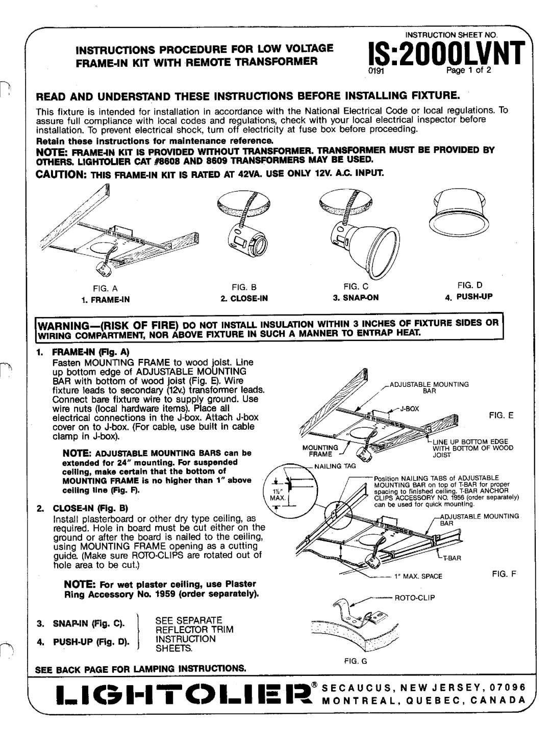 Lightolier IS:2000LVNT instruction sheet LK59-ITC949, Instructions Procedure for LOW Voltage IS2000LVNT 