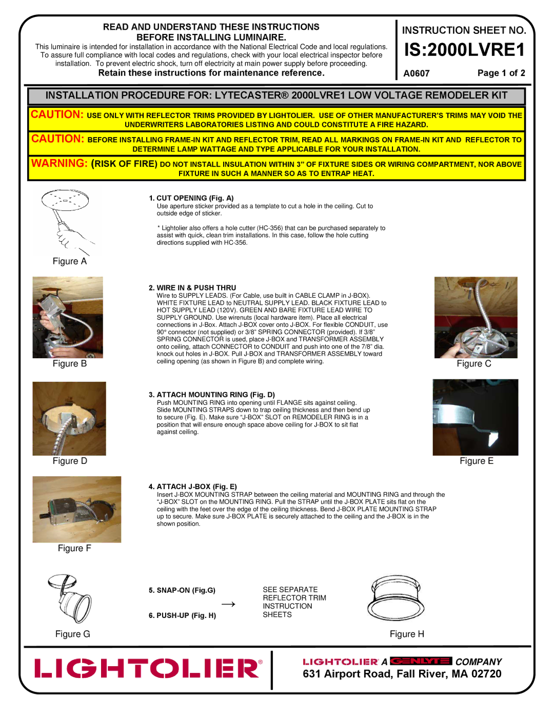 Lightolier IS:2000LVRE1 instruction sheet IS2000LVRE1, Wire in & Push Thru, See Separate, Reflector Trim Instruction 