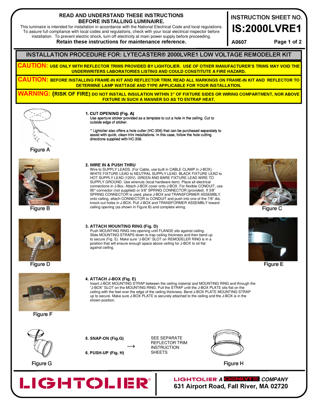 Lightolier IS:2000LVRE1 instruction sheet Airport Road, Fall River, MA, Read And Understand These Instructions, A0607 