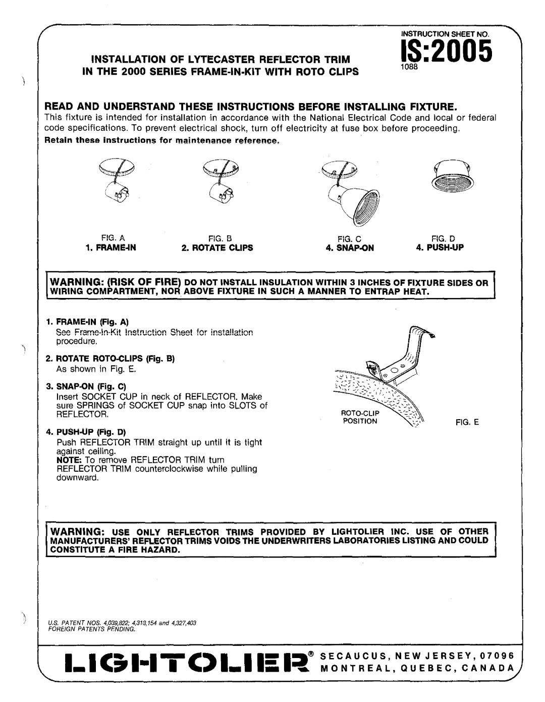 Lightolier IS:2005 specifications IS2005, Installation of Lytecaster Reflector Trim, Series FRAME-IN-KIT with Roto Clips 