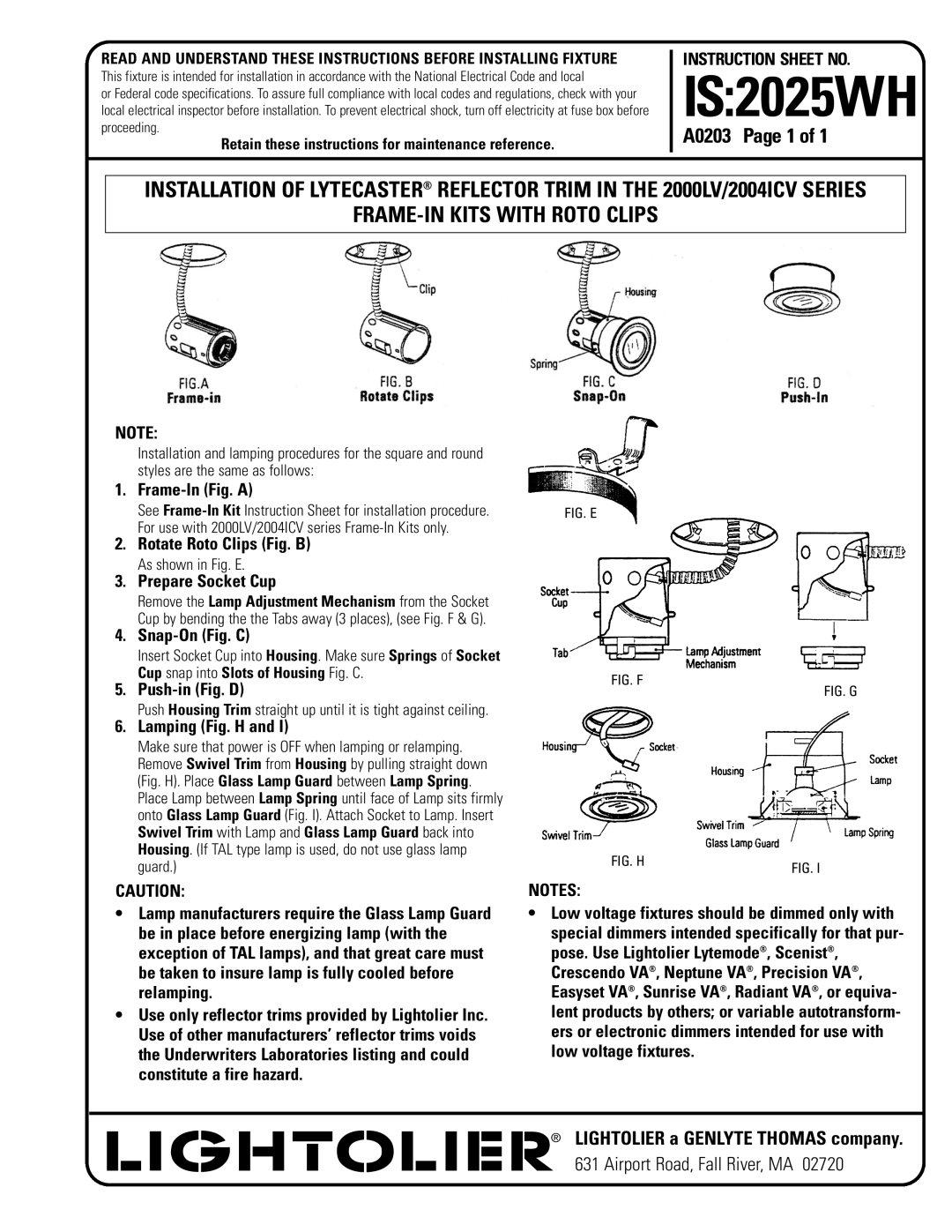 Lightolier IS:2025WH instruction sheet IS2025WH, FRAME-IN Kits with Roto Clips 