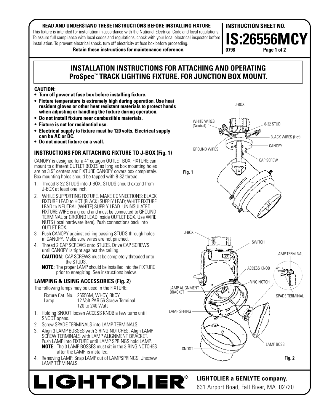 Lightolier IS_26556MCY instruction sheet Lamping & Using Accessories Fig, Outlet BOX, Lamp Terminals 