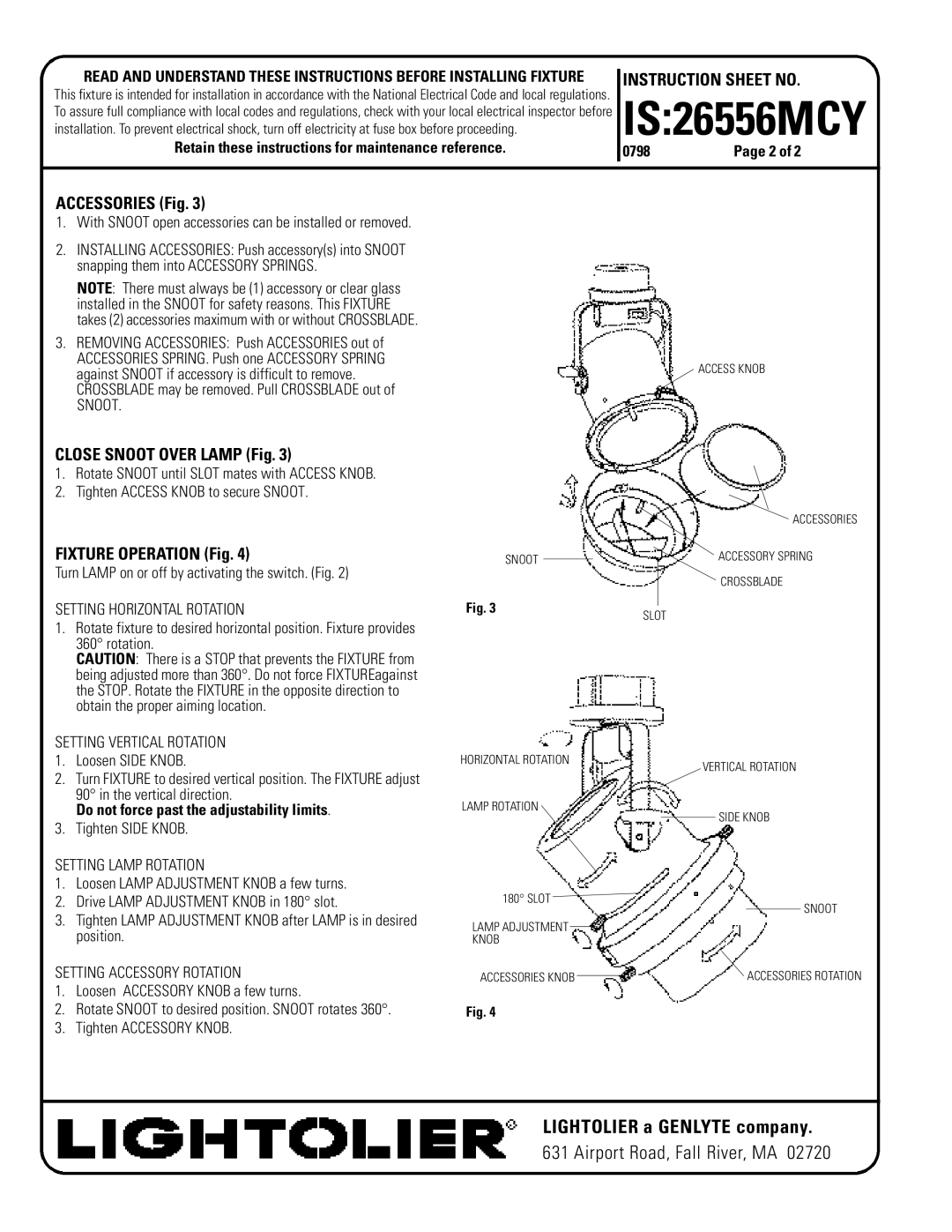 Lightolier IS_26556MCY instruction sheet Accessories Fig, Close Snoot Over Lamp Fig, Fixture Operation Fig 