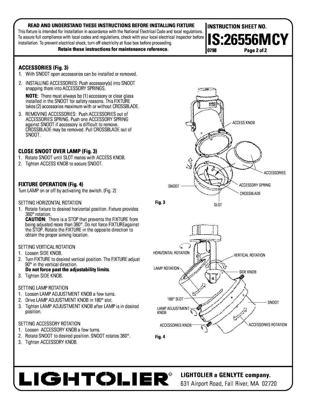 Lightolier IS_26556MCY ACCESSORIES Fig, CLOSE SNOOT OVER LAMP Fig, FIXTURE OPERATION Fig, IS26556MCY, Instruction Sheet No 