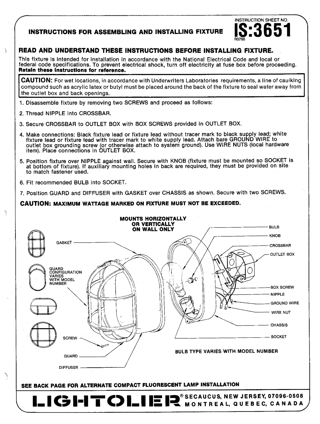 Lightolier IS:3651 specifications Quebec Canad, Ietahr these Inatructiona for raferenca 