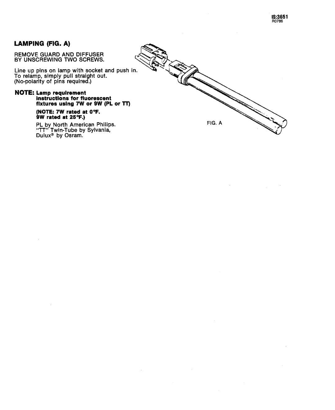 Lightolier IS:3651 Lamping Fig. A, Lamp requirement Instructions for fluorescent, flxturee uelng 7W or 9W PL or lT, ‘Ga F% 