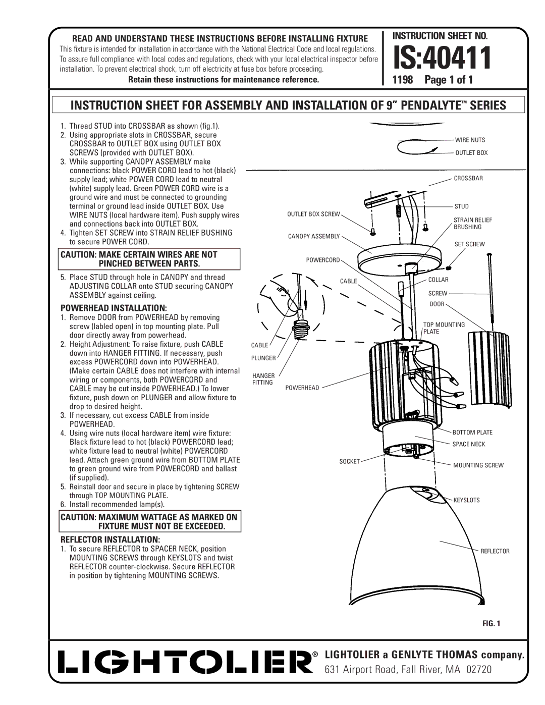 Lightolier IS:40411 instruction sheet IS40411, Powerhead Installation, Reflector Installation 