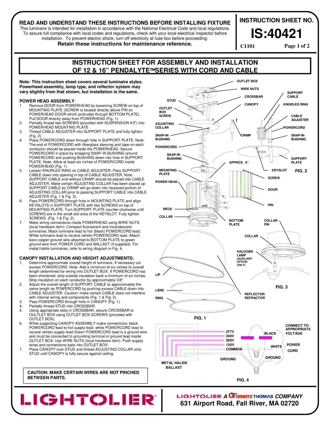 Lightolier IS:40421 instruction sheet Power Head Assembly, Canopy Installation and Height Adjustments, Outlet BOX 