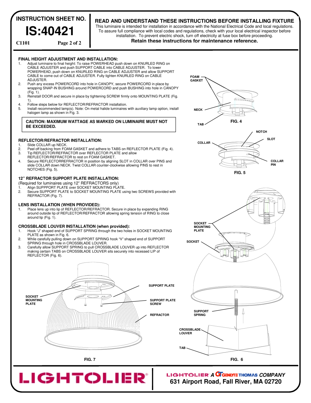 Lightolier IS:40421 instruction sheet Page 2 of, Is, Airport Road, Fall River, MA, Instruction Sheet No, C1101, A Company 