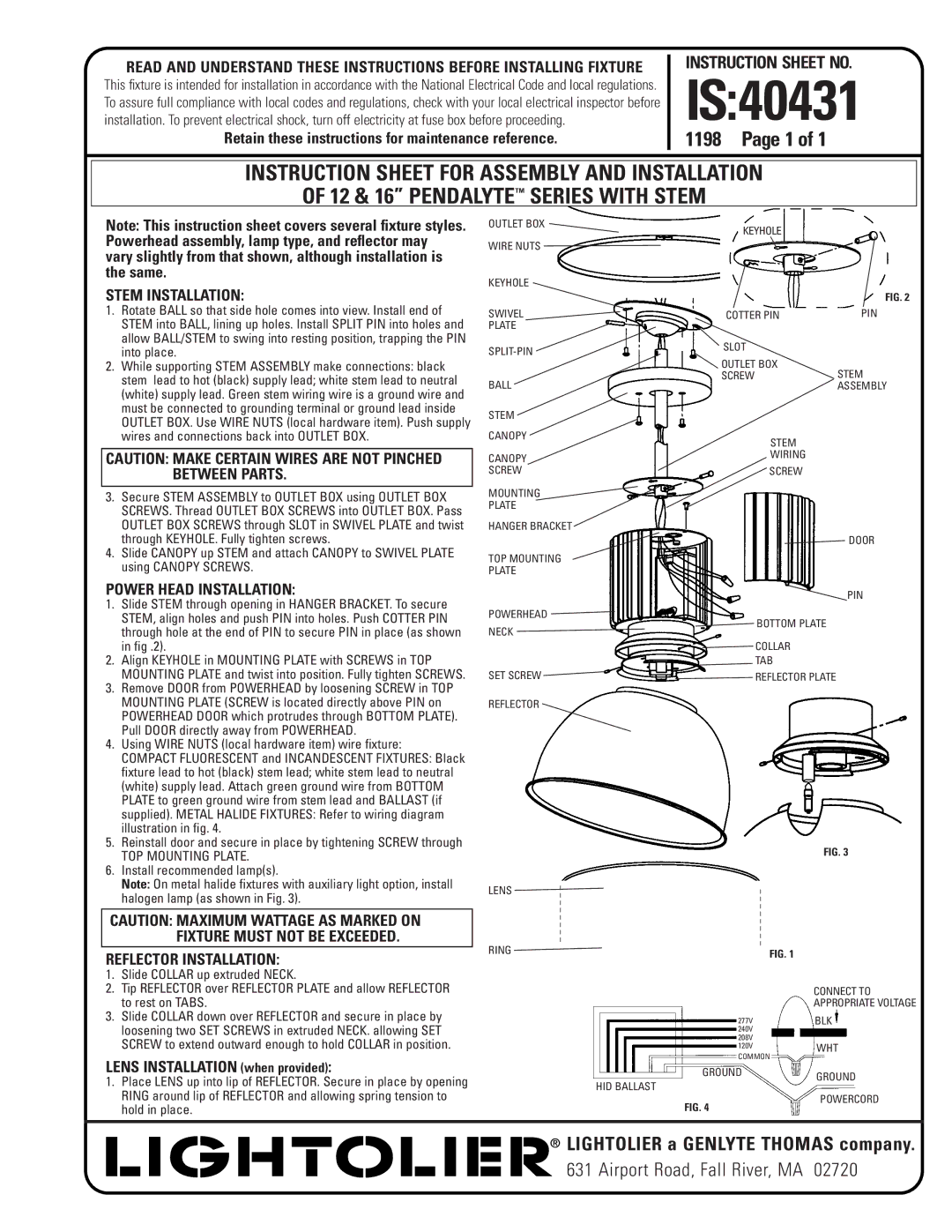 Lightolier IS:40431 instruction sheet IS40431, Stem Installation, Power Head Installation, Reflector Installation 