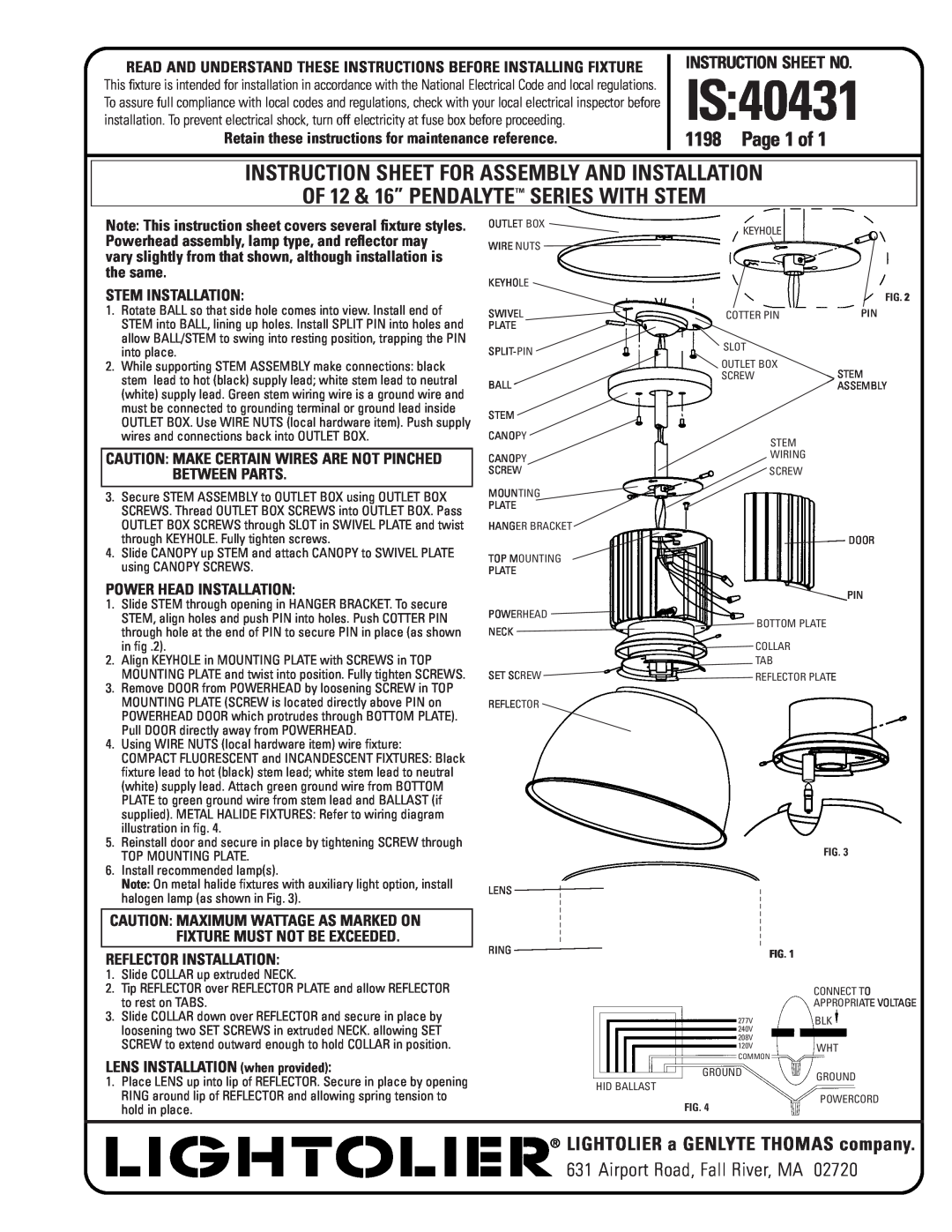 Lightolier IS:40431 instruction sheet Is, Instruction Sheet For Assembly And Installation, 1198, Instruction Sheet No 