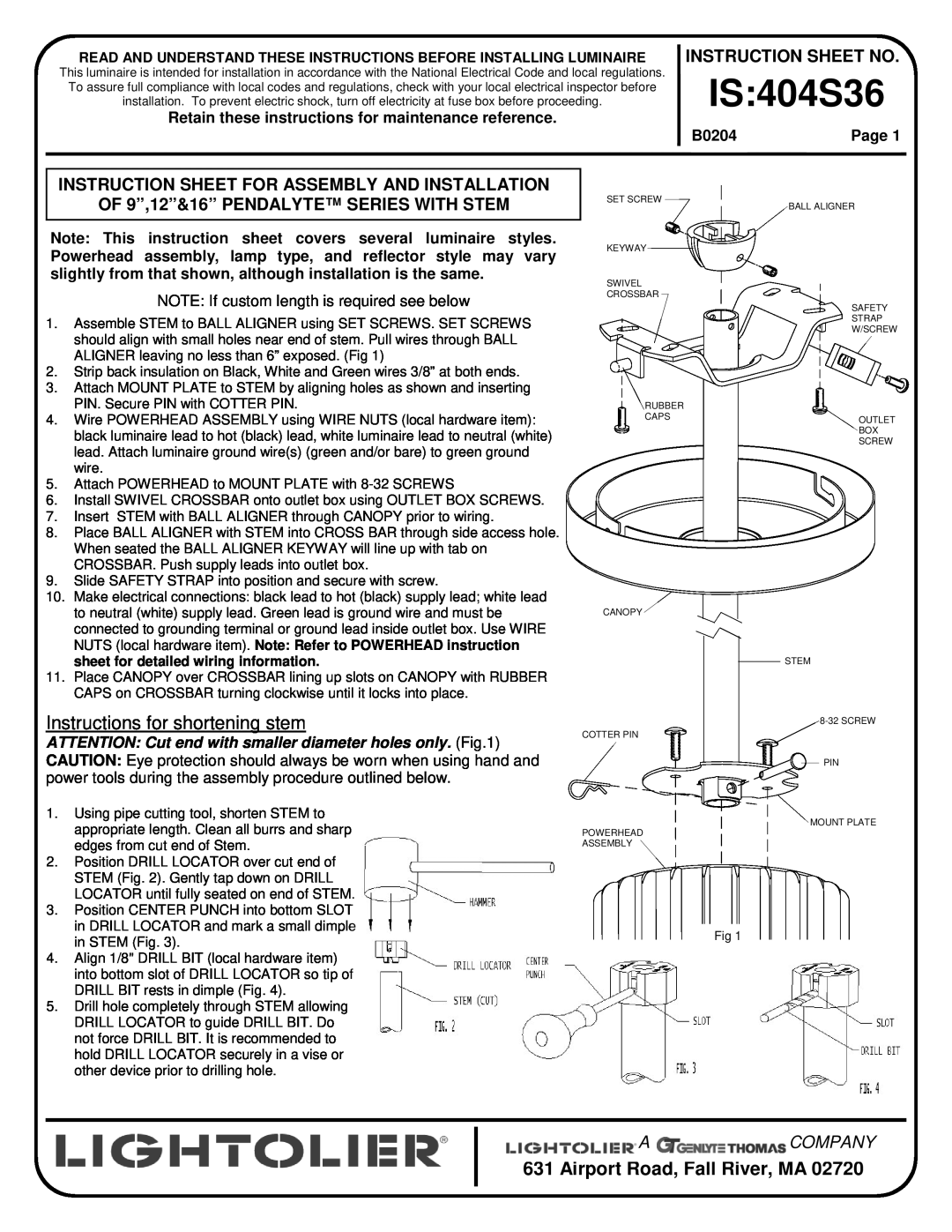 Lightolier IS:404S36 instruction sheet Instructions for shortening stem, Instruction Sheet For Assembly And Installation 