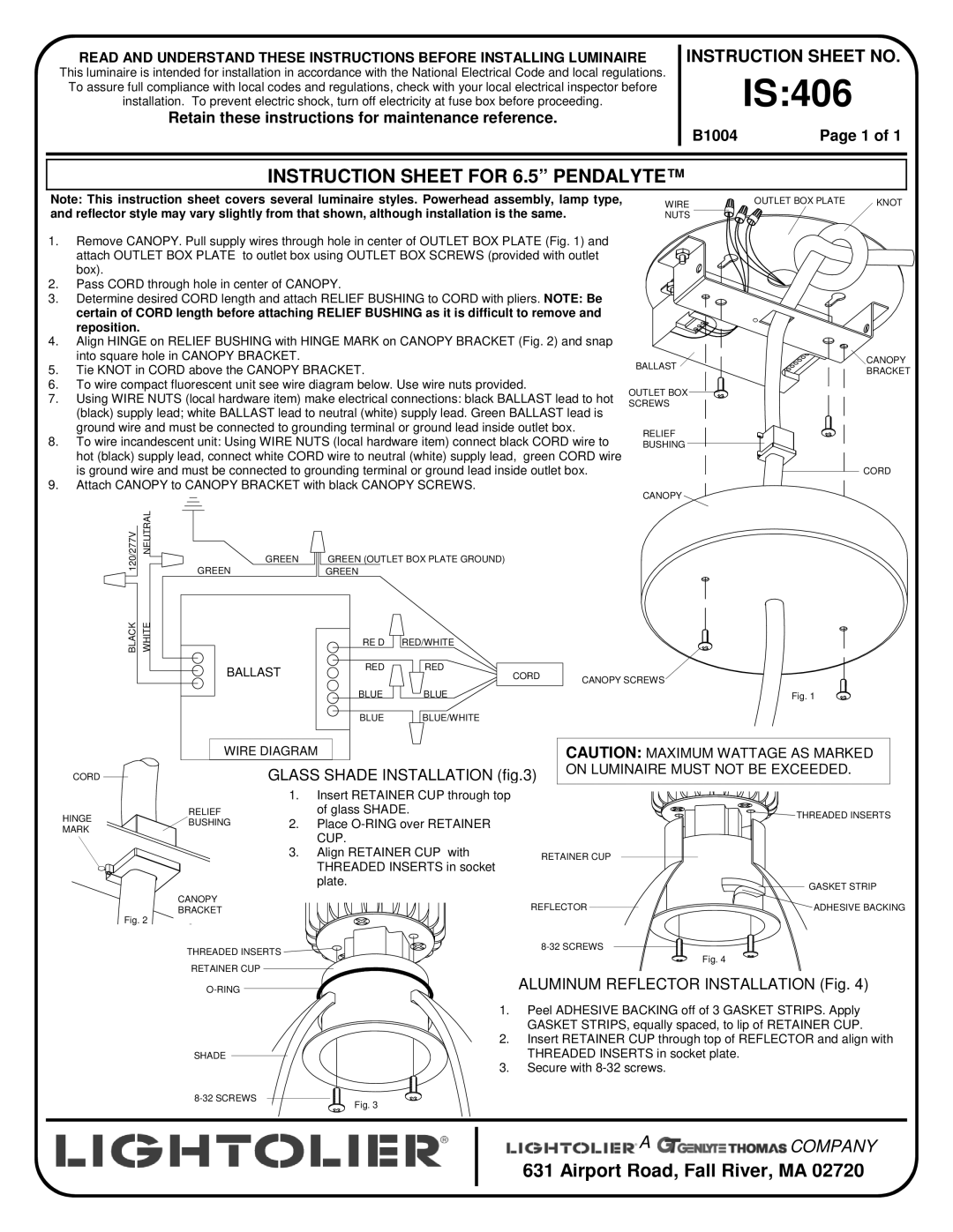 Lightolier IS:406 instruction sheet Instruction Sheet for 6.5 Pendalyte, Glass Shade Installation 