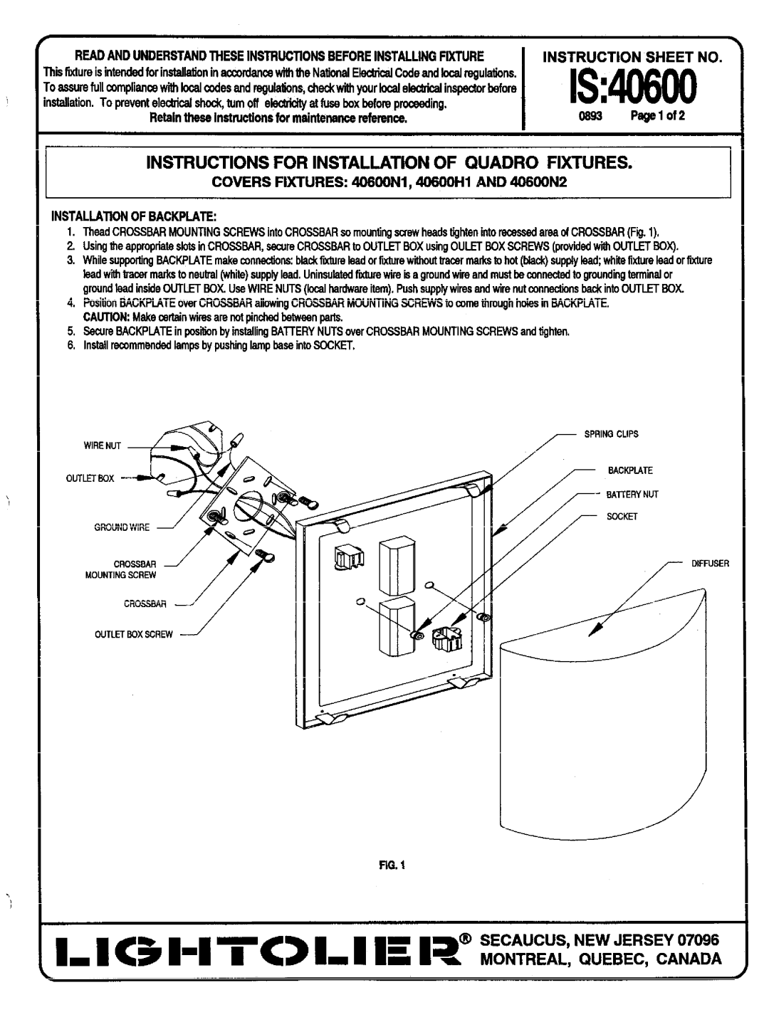 Lightolier 40600H1 instruction sheet IS40600, Instructions for Installation of Quadro Fixtures, Installationofbackplate 