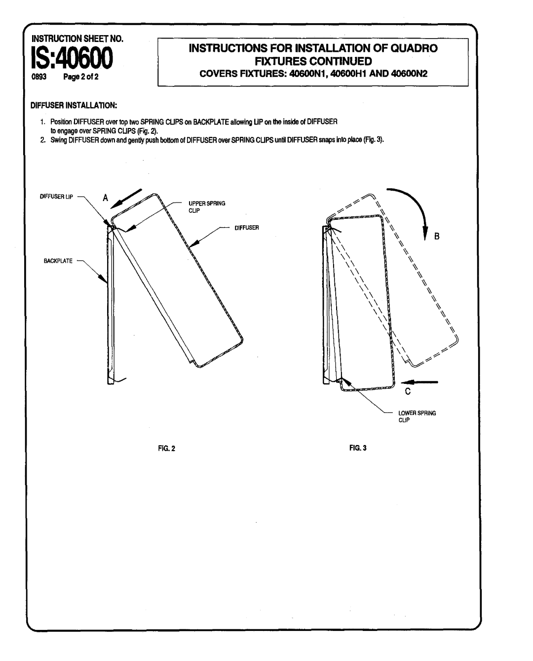 Lightolier 40600N1 Instructions for Installation of Quadro IS40600 Fixtures, Covers Fixtures 40S00Nl , 40SOOH1 AND44KOON2 