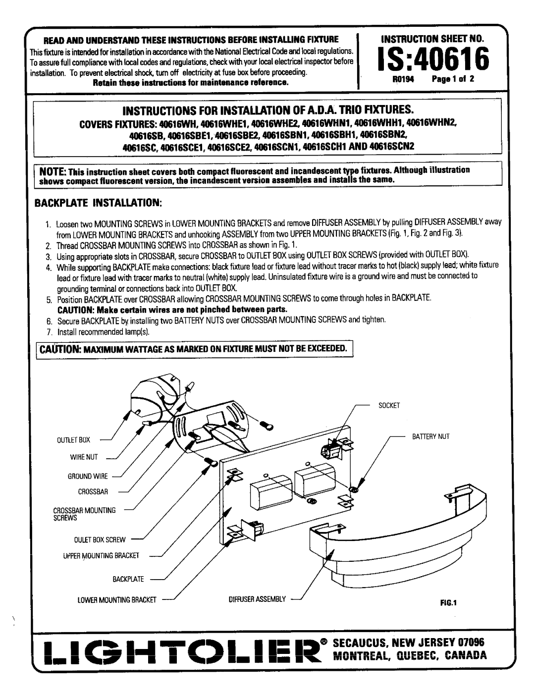 Lightolier IS:40616 instruction sheet 1C3HTCLIEl?’+’~f, IS40616, Instructions for Installation of A.D.A. Trio Fixtures 