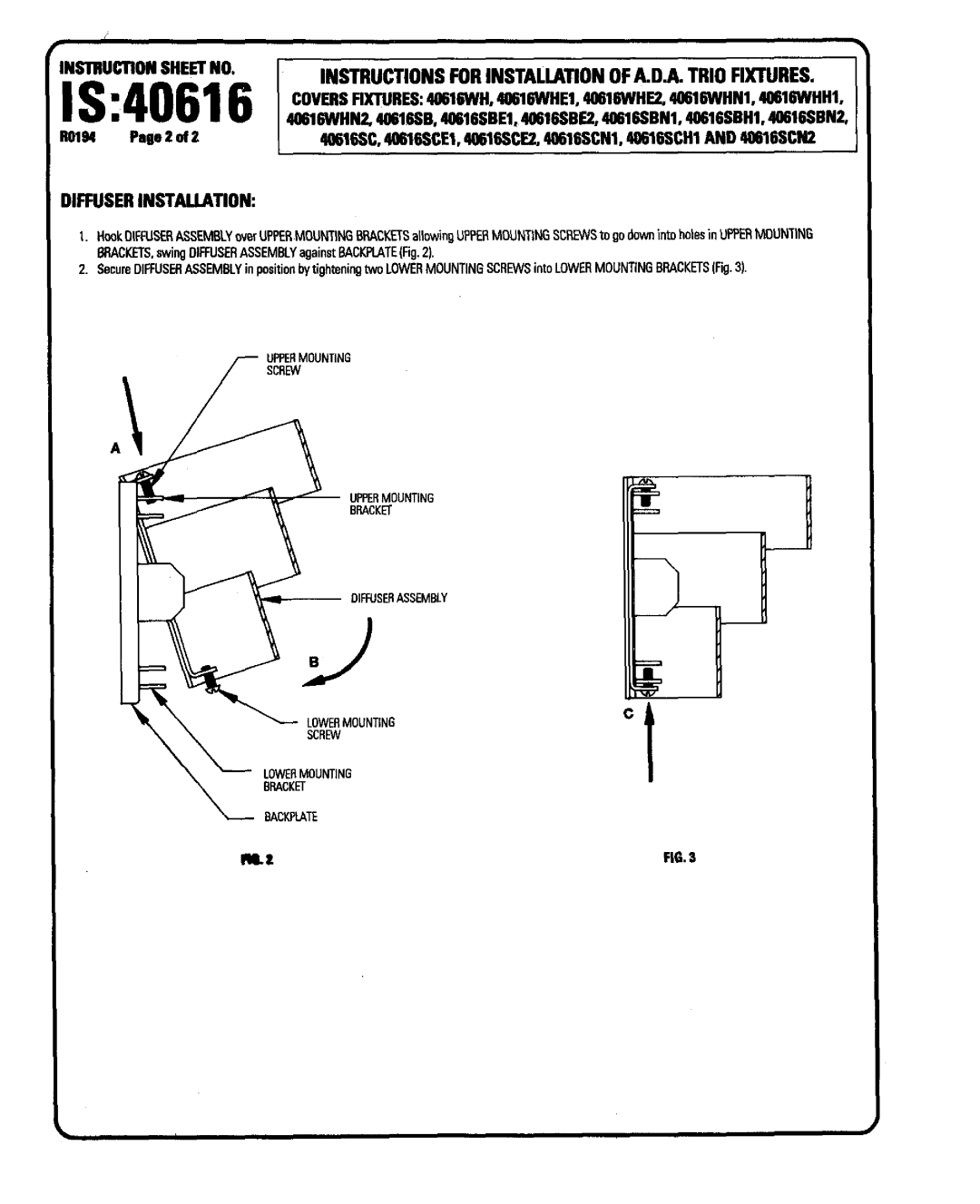 Lightolier IS:40616 instruction sheet Iffuserinstau.Ation, Instructions for Installation of A.D.A. Trio Fixtures 