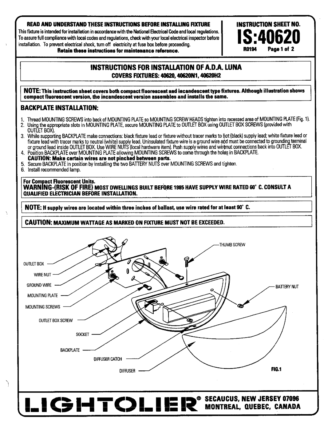 Lightolier IS:40620 instruction sheet ’-’-’, IS40620, Instructions for Instauation of A.D.A. Luna, Instruction SHE~ no 