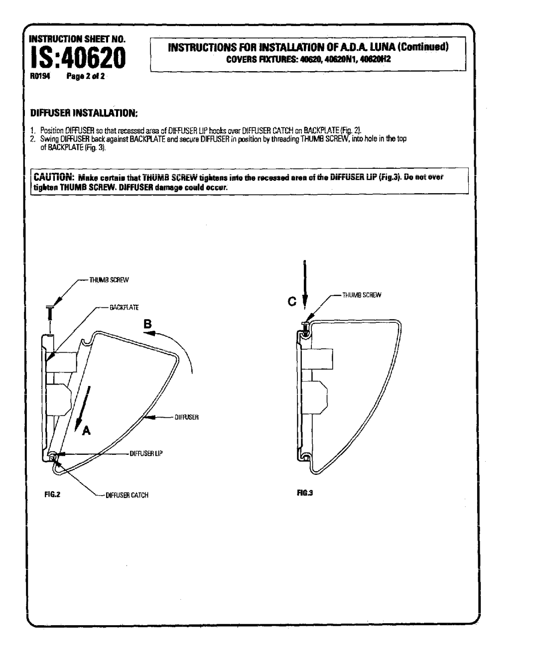 Lightolier IS:40620 instruction sheet Instructions for Installation of A.DJl Luna, Iffuser lNSTALLhON, Wtnuction SHE~ no 