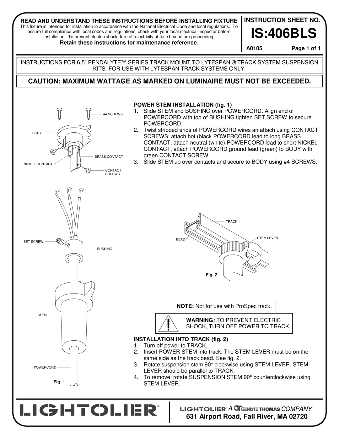 Lightolier IS:406BLS instruction sheet Power Stem Installation fig, Powercord, SHOCK, Turn OFF Power to Track, Stem Lever 