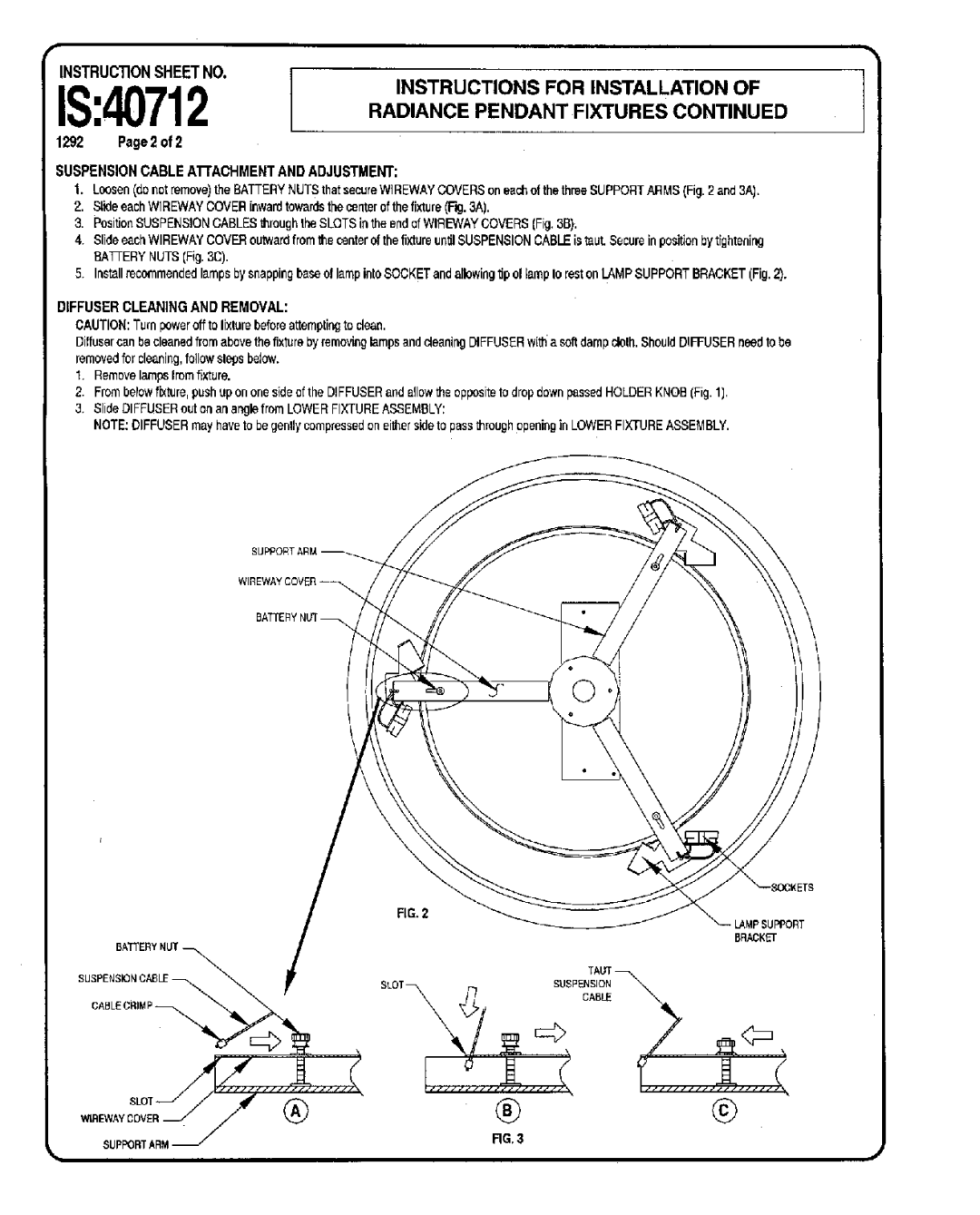 Lightolier IS:40712 instruction sheet S40712, Instructions for Installation, Radiance Pendant Fixtures 