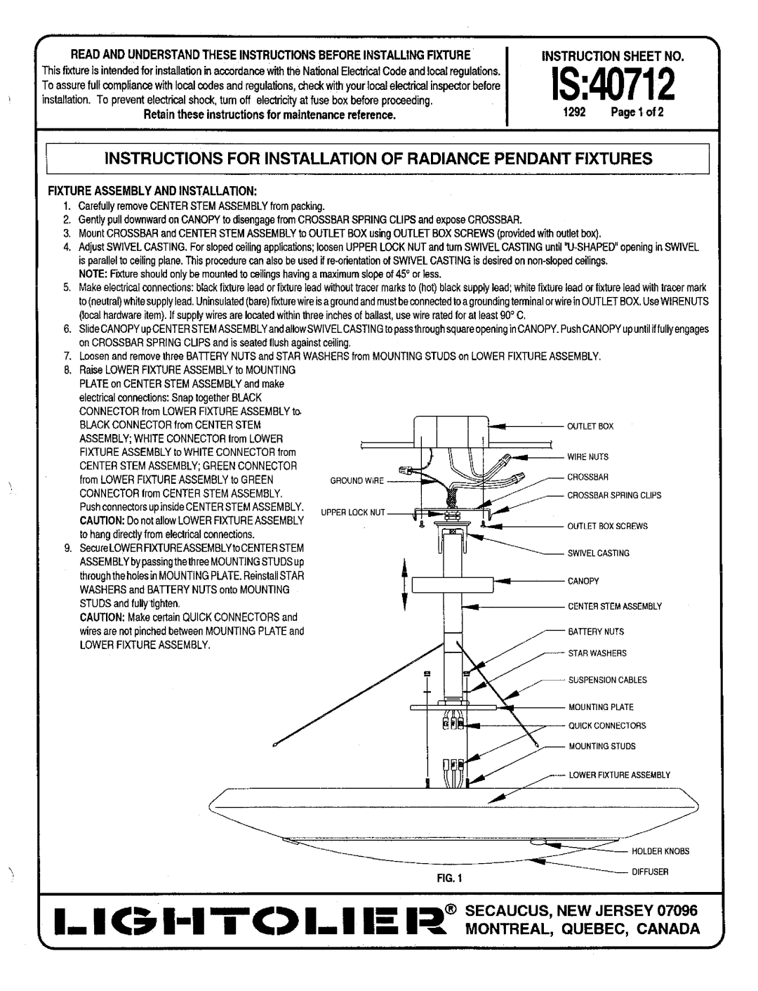Lightolier IS:40712 instruction sheet Instruction Sheet No, 1292, Fixtureassemblyand Installation, Is 