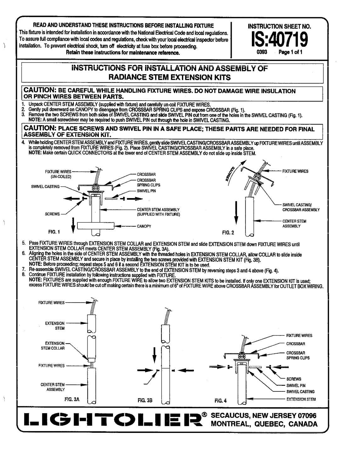 Lightolier IS:40719 manual IS40719, Radiance Stem Extension Kits, Instructions for Installation and Assembly 