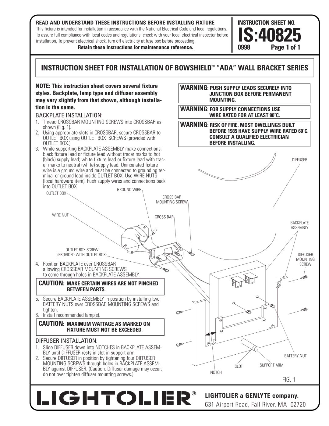 Lightolier IS:40825 instruction sheet IS40825, Backplate Installation, Diffuser Installation, Outlet BOX 