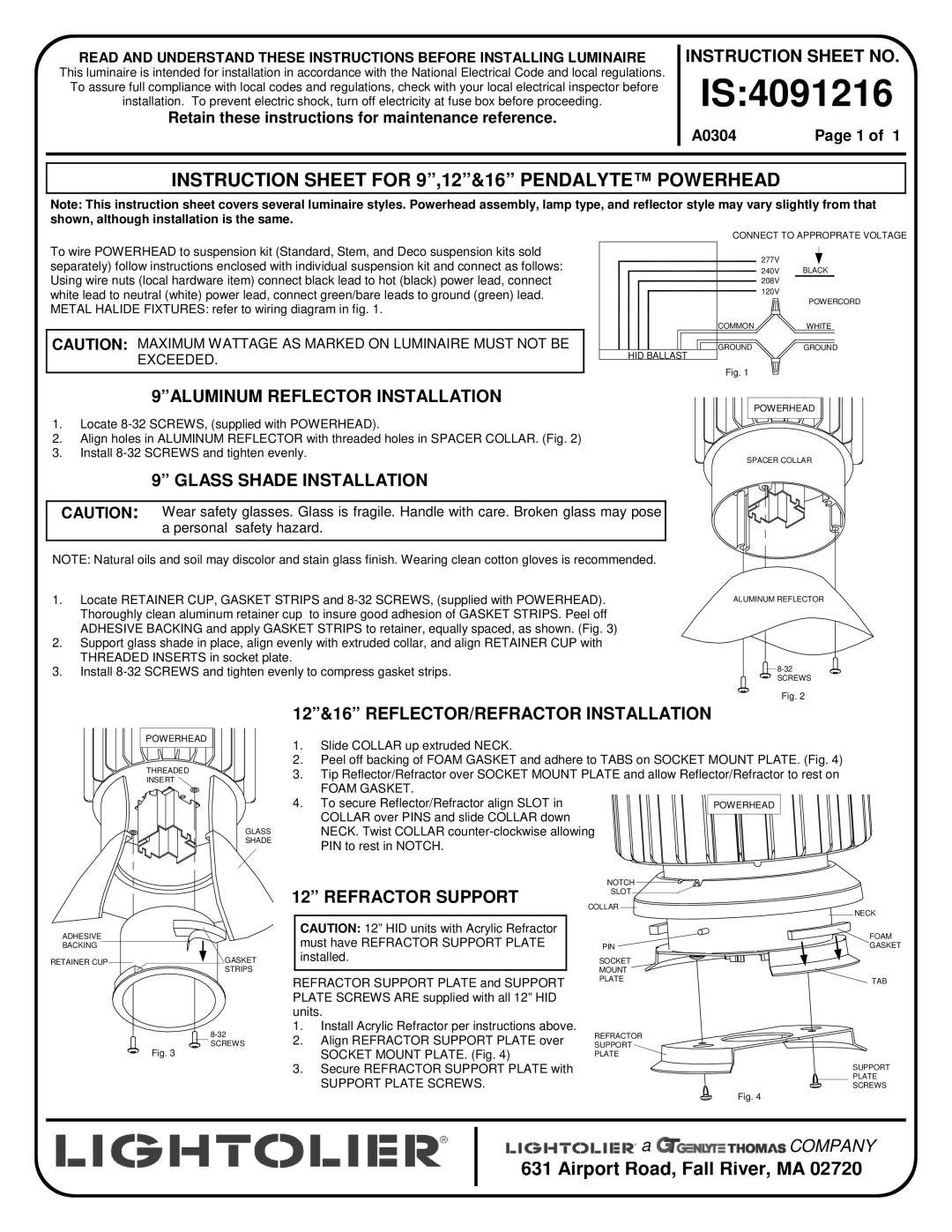 Lightolier IS:4091216 instruction sheet Instruction Sheet for 9,12&16 Pendalyte Powerhead, Glass Shade Installation 