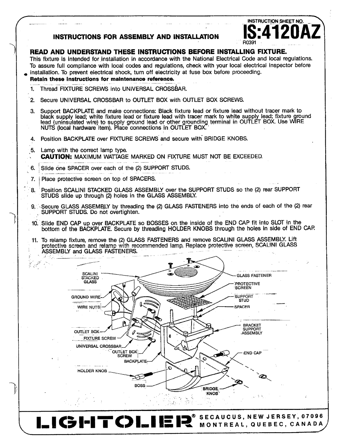 Lightolier IS:4120AZ instruction sheet Assembly, and GLASS FASTENERS 