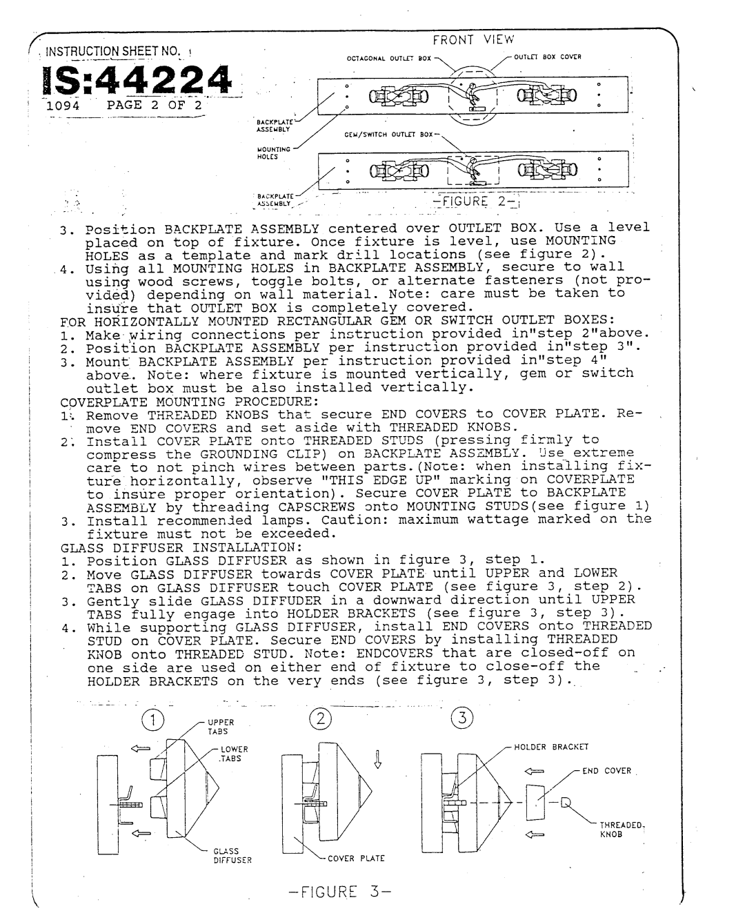 Lightolier IS:44224 instruction sheet IIS$44224, COVERI?LATE Mounting Procedure, Glass Diffuser Installation 