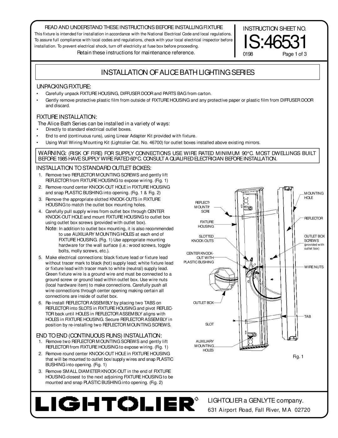 Lightolier IS:46531 instruction sheet Instruction Sheet no, Unpacking Fixture, Fixture Installation 