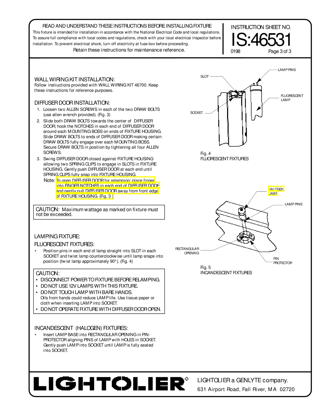 Lightolier IS:46531 Wall Wiring KIT Installation, Diffuser Door Installation, Lamping Fixture Fluorescent Fixtures 