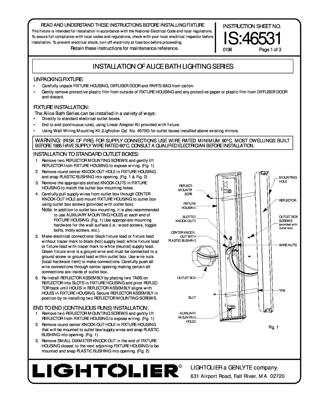 Lightolier IS:46531 instruction sheet Is, LIGHTOLIER a GENLYTE company, Airport Road, Fall River, MA, Instruction Sheet No 