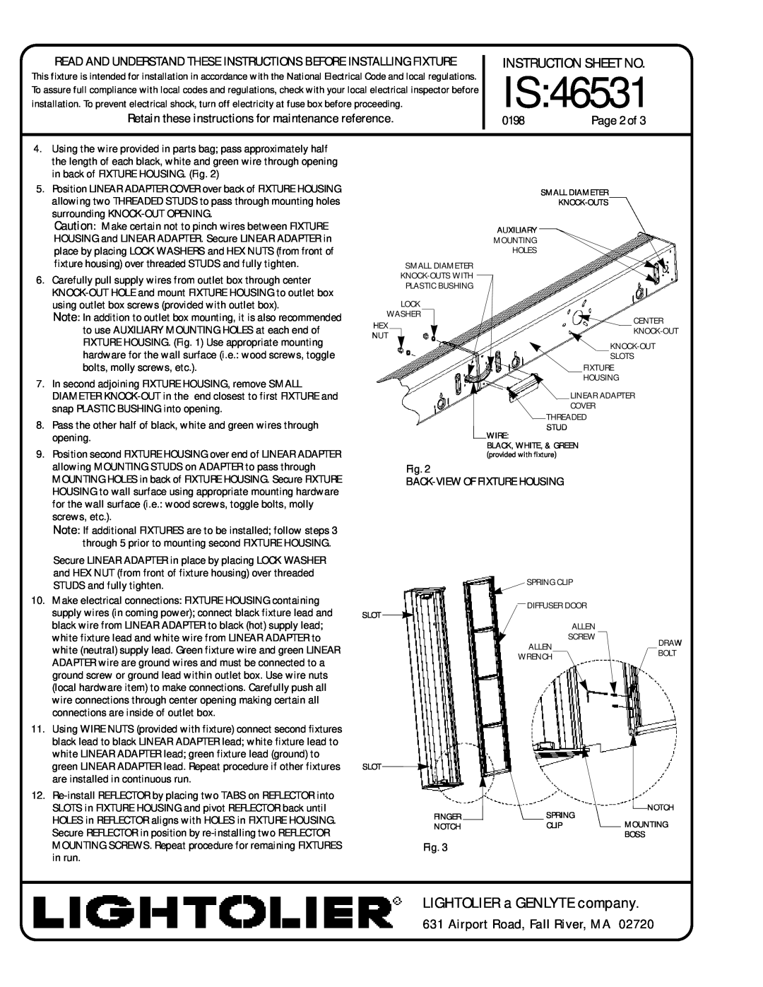 Lightolier IS:46531 instruction sheet Is, LIGHTOLIER a GENLYTE company, Airport Road, Fall River, MA, Instruction Sheet No 