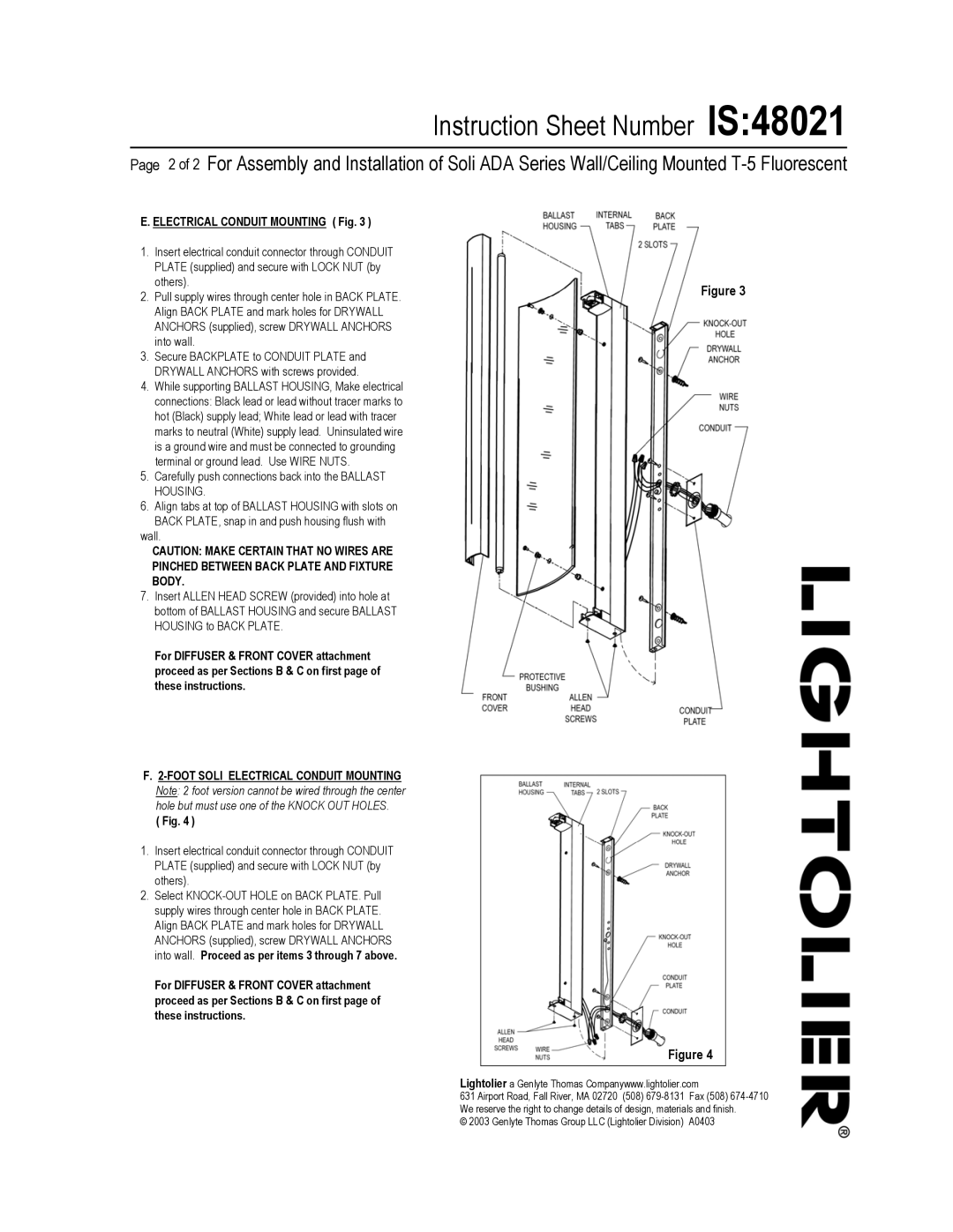 Lightolier IS:48021 Electrical Conduit Mounting Fig, Carefully push connections back into the Ballast Housing 