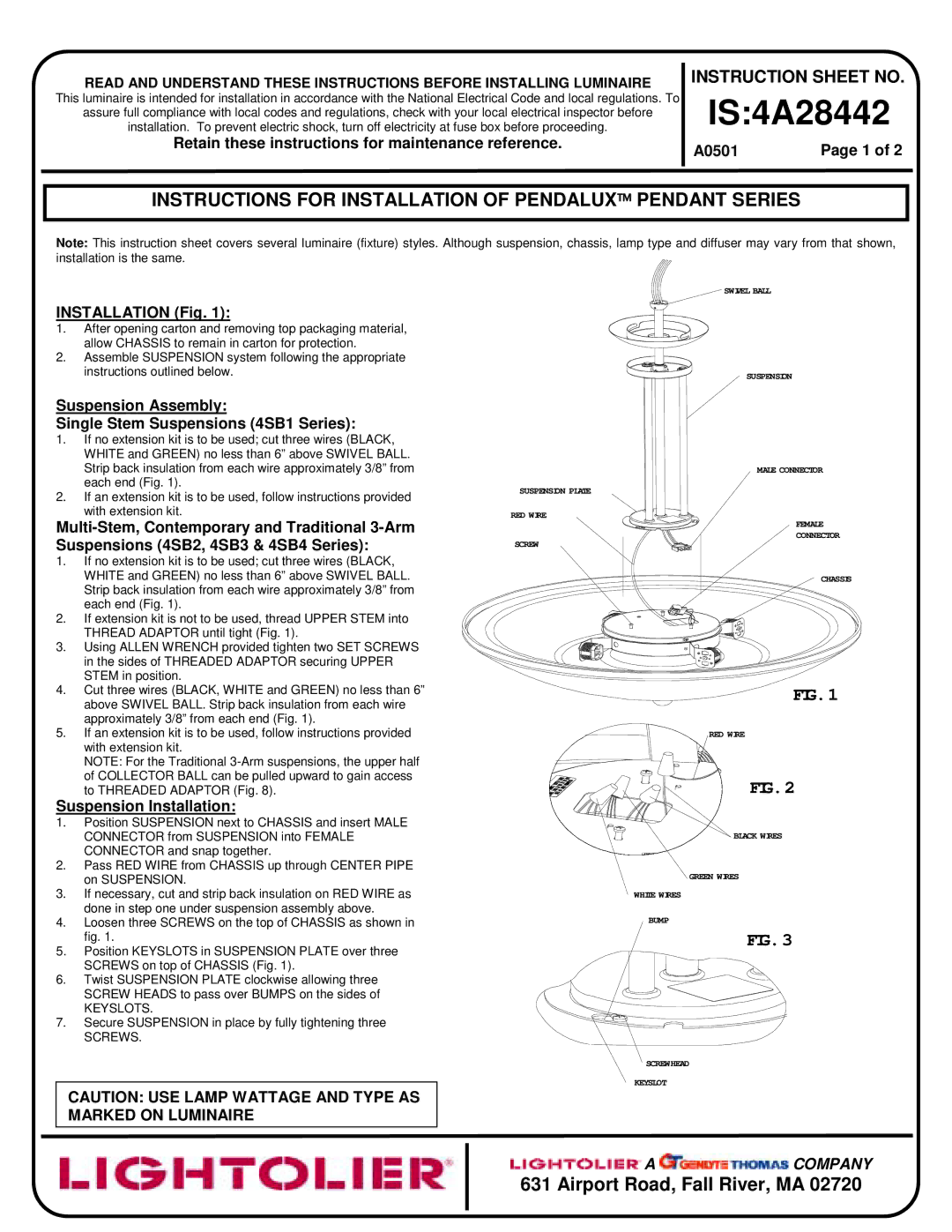 Lightolier IS:4A28442 instruction sheet Retain these instructions for maintenance reference, A0501, Installation Fig 