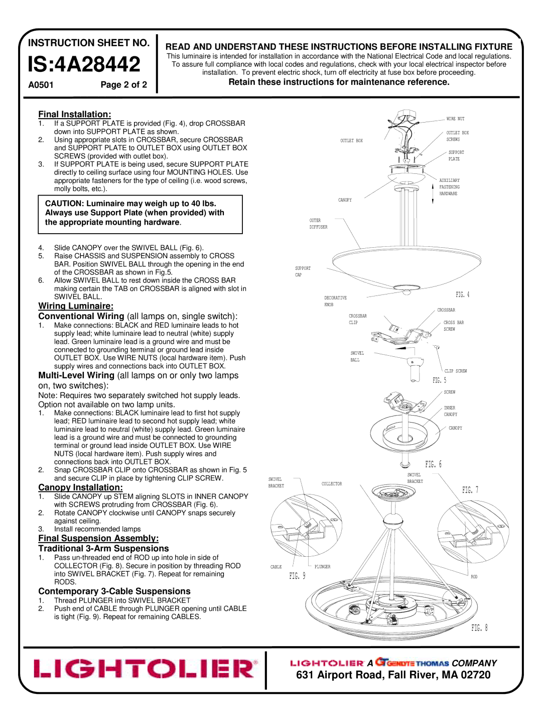 Lightolier IS:4A28442 A0501 Final Installation, Wiring Luminaire, Canopy Installation, Contemporary 3-Cable Suspensions 