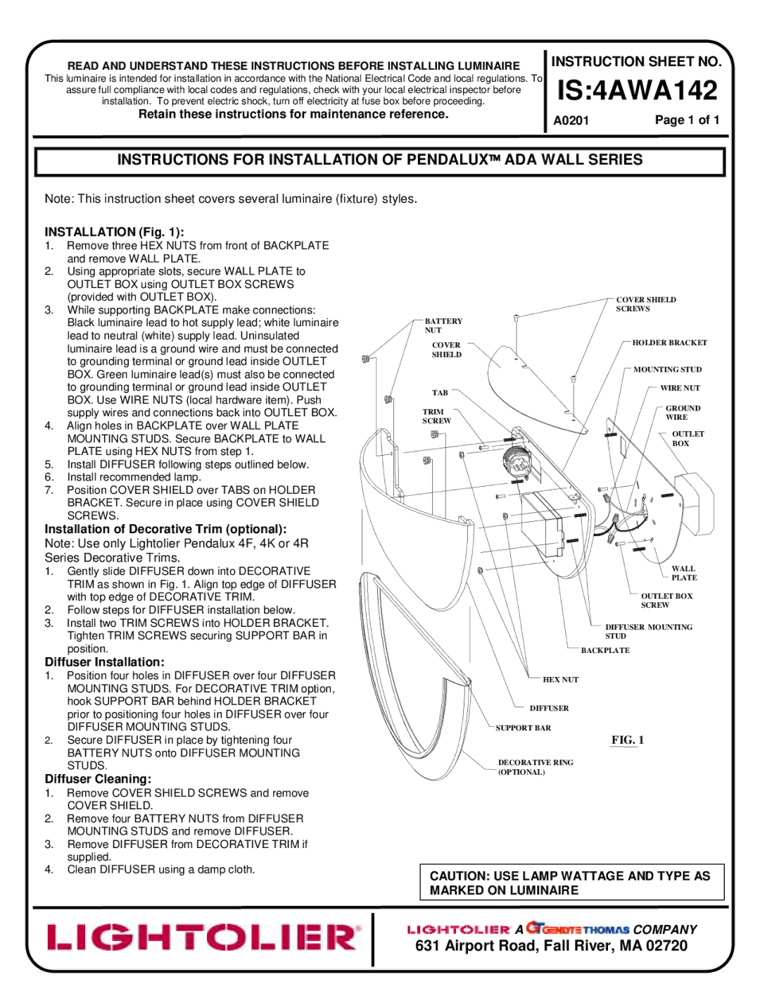 Lightolier IS:4AWA142 instruction sheet IS4AWA142, Instructions for Installation of PENDALUX ADA Wall Series 